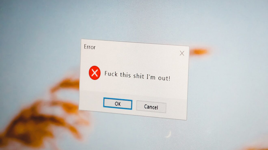 Pop up d'erreur sur un écran d'ordi sur lequel est écrit : Fuck this shit, I'm out !