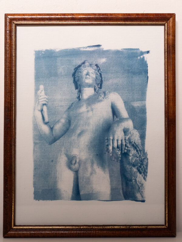 Cyanotype dans son cadre en bois foncé avec liseré doré. La photo représente une statue de Bacchus, debout et nu, accoudé à une vigne.