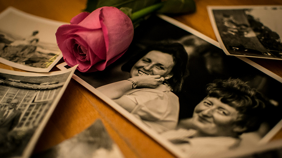 Plusieurs vieilles photographies disposées pêle-mêle sur une table, avec une rose rouge. Les photos représentent des scènes familiales et des personnes souriantes.